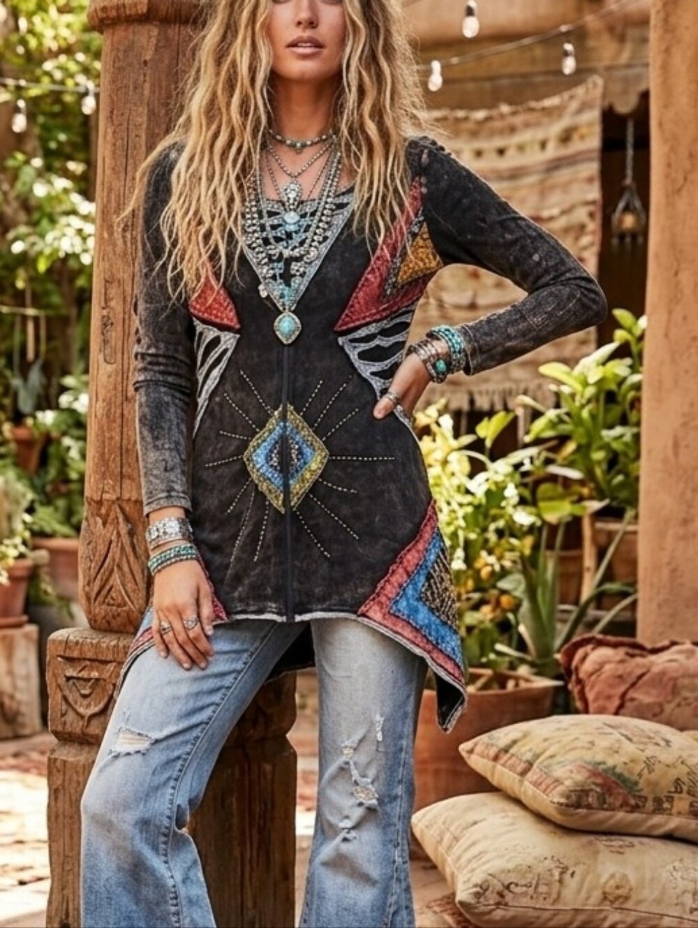 Leopard Size M Colorful Geometric Long Sleeve Tunic Top Artsy   100% Cotton